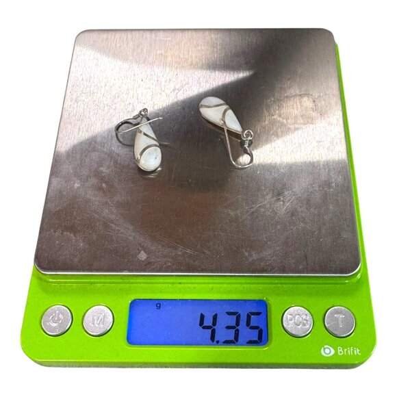 Vintage Sterling Silver 925 Teardrop Dangle Earrings Mother Of Pearl Inlay - Picture 5 of 7